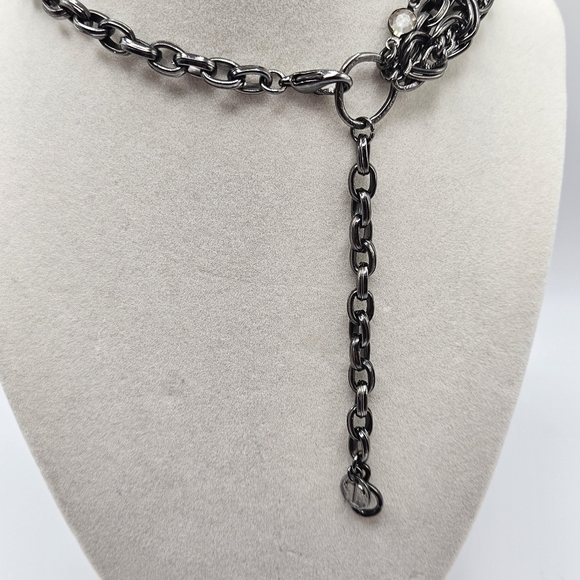 VINTAGE Talbots Gun Metal Multi Strand Chain Clear Stone Beaded Necklace - Picture 5 of 7